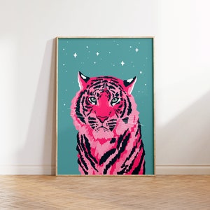 Pink Starry Tiger Print / Bedroom Print / Hallway Print / Wall Decor / Colourful / Living Room / Art / Pink / Neon / Bright / 7x5 A4 A3