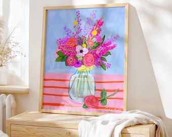 Colourful Flowers Print, Vibrant Botanical Wall Art, Dopamine Decor, Maximalism Poster