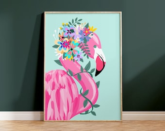 Floral Flamingo Print: Mint Botanical Wall Art