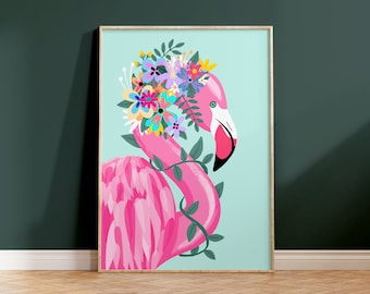 Floral Flamingo Print Living Room Print Colourful Prints Animal Print Bathroom Prints Botanical Mint Wall Art Decor A5 8x10 A4 A3 A2