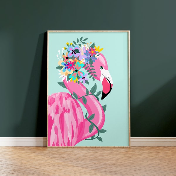 Floral Flamingo Print Living Room Print Colourful Prints Animal Print Bathroom Prints Botanical Mint Wall Art Decor A5 8x10 A4 A3 A2