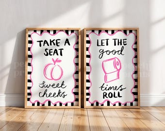 Funny Bathroom Prints, Set of 2 Prints, Toilet Quote, Pink Bathroom Prints