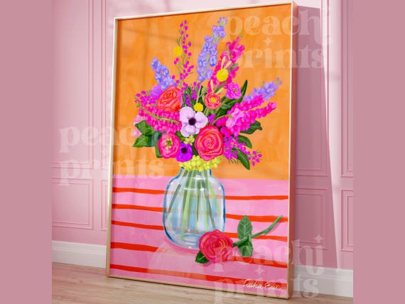 Floral Bouquet Still Life Print: Colorful Botanical Vase Painting