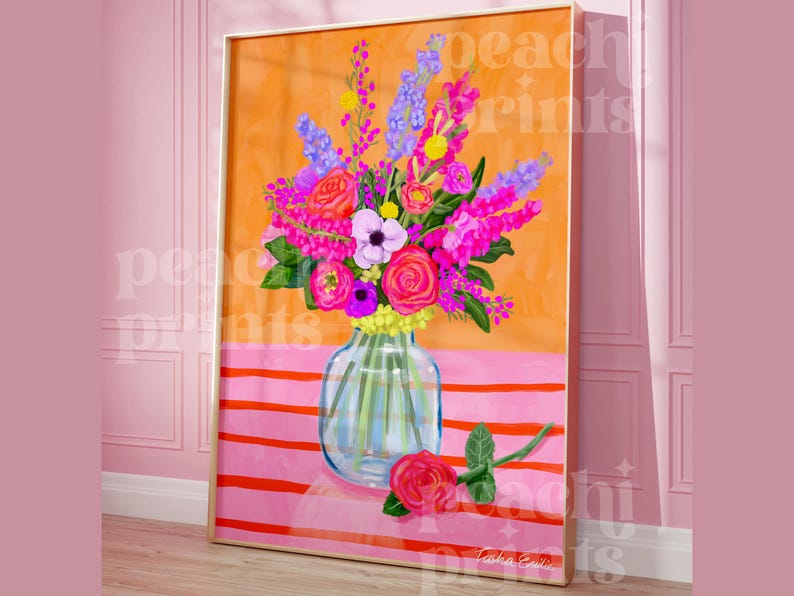 Impressão de natureza morta de buquê floral: pintura de vaso botânico colorido imagem 1