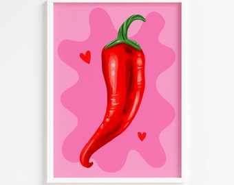 Chilli Pepper Print Kitchen Prints Wall Art Decor Kitchen Poster Kitchen Decor Pink Colourful Unique Gift Hot Sauce A5 A4 A3