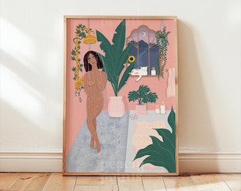 Plant Lady Bathroom Print: Feminist Boho Illustration