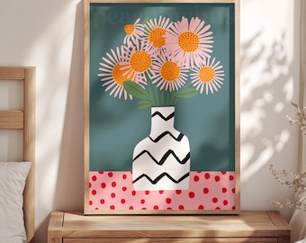 Maximalist Botanical Wall Art Print - Abstract Flower Vase Poster - Boho Living Room Decor - Modern Gallery Wall Bedroom Art A4 A3 A2