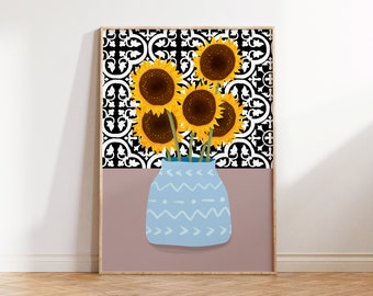 Sunflower Gouache Painting: Geo Tiles Botanical Print