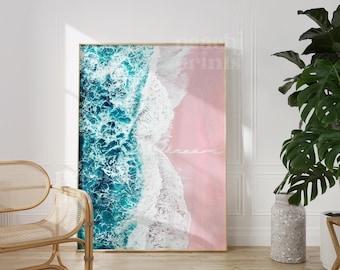 Oceaandroomprint: roze strand, turquoise golven, kunst aan de kust