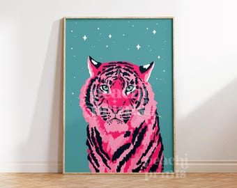 Pink Starry Tiger Print / Bedroom Print / Hallway Print / Wall Decor / Colourful / Living Room / Art / Pink / Neon / Bright / 7x5 A4 A3