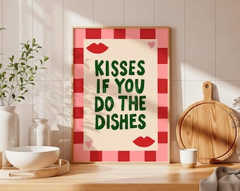 Impresión "Besos si lavas los platos": arte de pared para la cocina, póster con frase "Lavar los platos", decoración de cocina luminosa