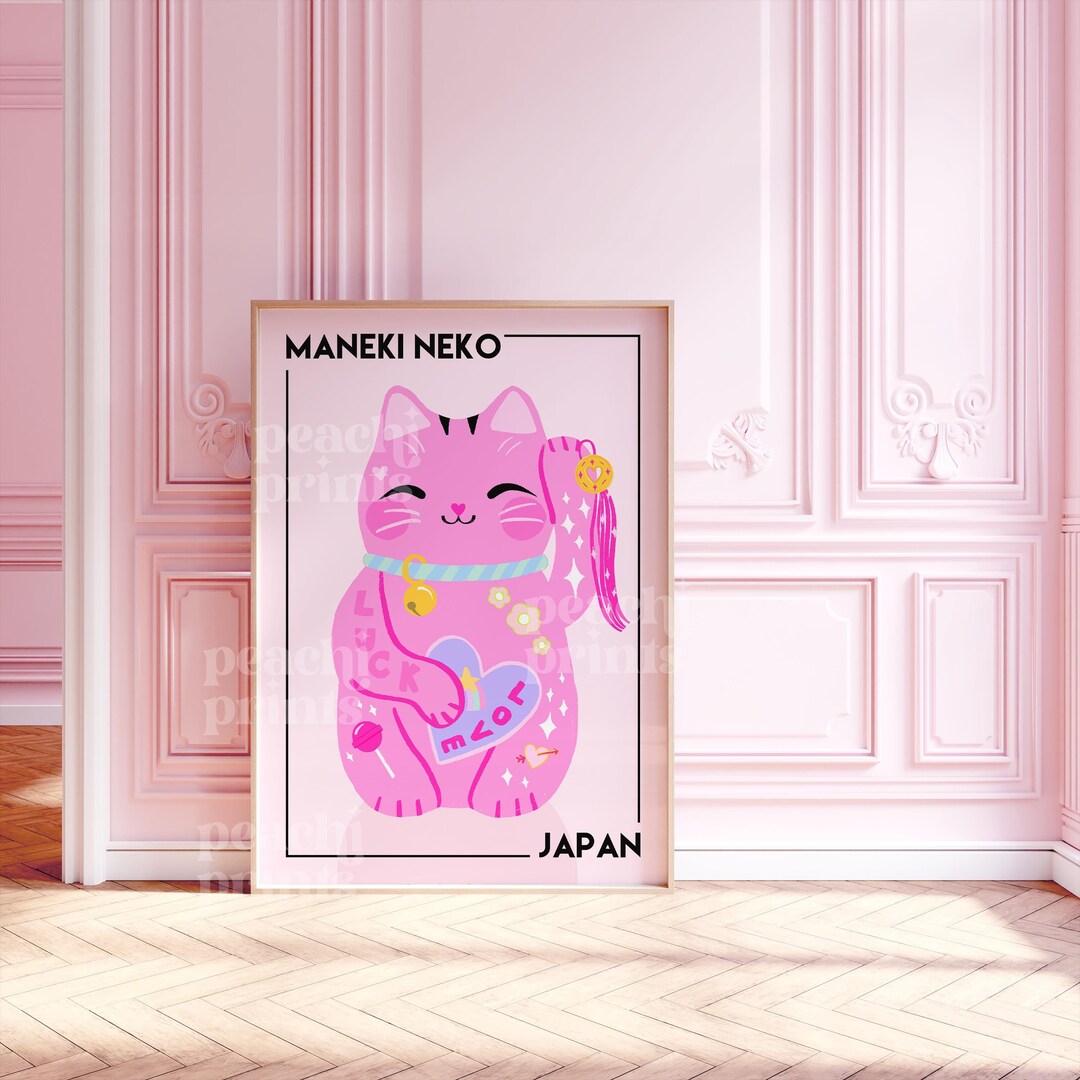 Maneki Meko Cat Print Bedroom Prints Japanese Lucky Cat Pink Bedroom ...