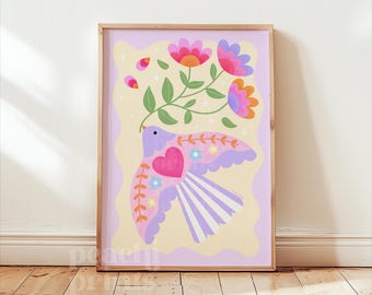 Pastellfärgad fågel och blommor väggkonsttryck - Livfull blommig sovrumsdekoration - Färgglad botanisk poster barnrumskonst A4 A3 A2 50 x 70 cm