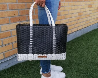 Bolso tote grande, tejido a mano a partir de plástico reciclado, bolso resistente y duradero, perfecto como bolso shopper o bolso de playa, estilo boho, bolso de mercado, boho