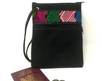 Black, Red suede passport holder, handmade with colourful embroidery, perfect as a small travel bag, everyday bag or as a gift