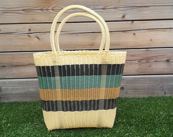 Large colourful tote bag, handwoven from recycled plastic, strong and durable, perfect as a shopper bag or beach bag, boho style