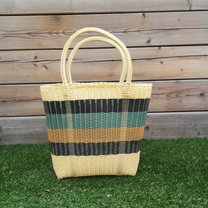 Large colourful tote bag, handwoven from recycled plastic, strong and durable, perfect as a shopper bag or beach bag, boho style