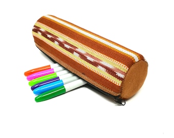 Colourful zipped cosmetics bag, pencil case, with original handwoven design