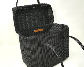 Handwoven small picnic basket with handles, strong recycled plastic, sturdy traditional picnic, storage basket, black basket, home decor