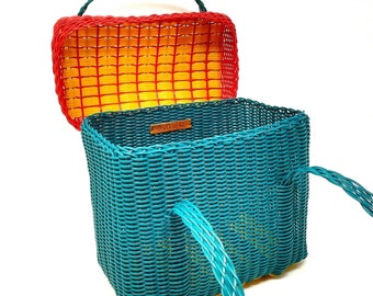 Handwoven small picnic basket with handles, strong recycled plastic,  traditional picnic basket, storage basket, black basket, home decor