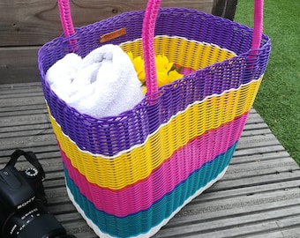 Large colourful tote bag, handwoven from recycle plastic, strong and durable, perfect as a shopper bag or beach bag, boho style, market bag