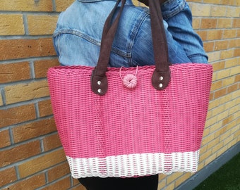 Originally designed handwoven recycled palstic tote bag with suede handles