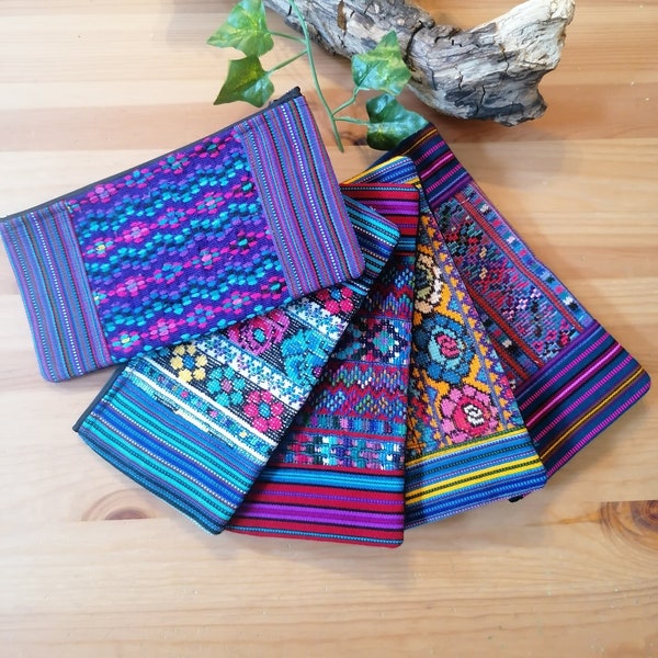 Colourful handwoven zipped pencil case, perfect as a unisex long stationery bag, or as a toiletry bag and makeup pouch