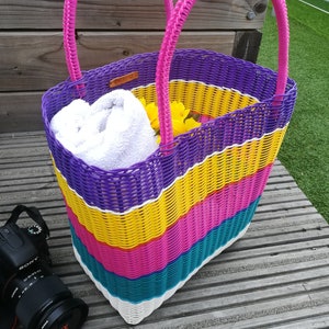 Large colourful tote bag, handwoven from recycle plastic, strong and durable, perfect as a shopper bag or beach bag, boho style, market bag