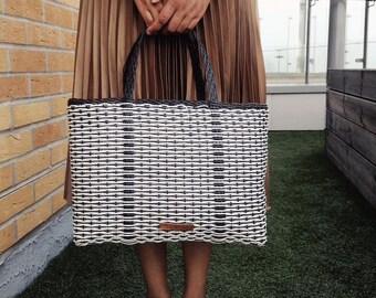 Bolso tote grande, tejido a mano a partir de plástico reciclado, bolso resistente y duradero, perfecto como bolso shopper o bolso de playa, estilo boho, bolso de mercado, boho