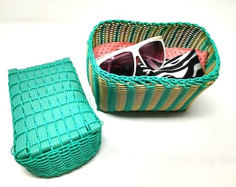 Cesta de tecido plástico, cesta de armazenamento, cesta pequena, plástico reciclado, cesta de armazenamento, cesta artesanal, cesta turquesa, armazenamento, organizador
