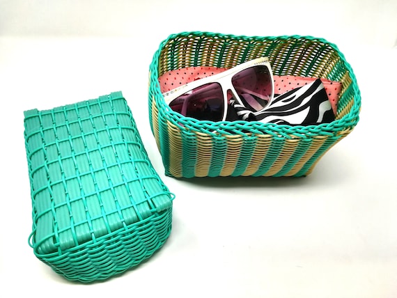 Plastic woven basket, storage basket, small basket, recycled plastic, storage basket, handmade basket, turquoise basket,  storage, organiser