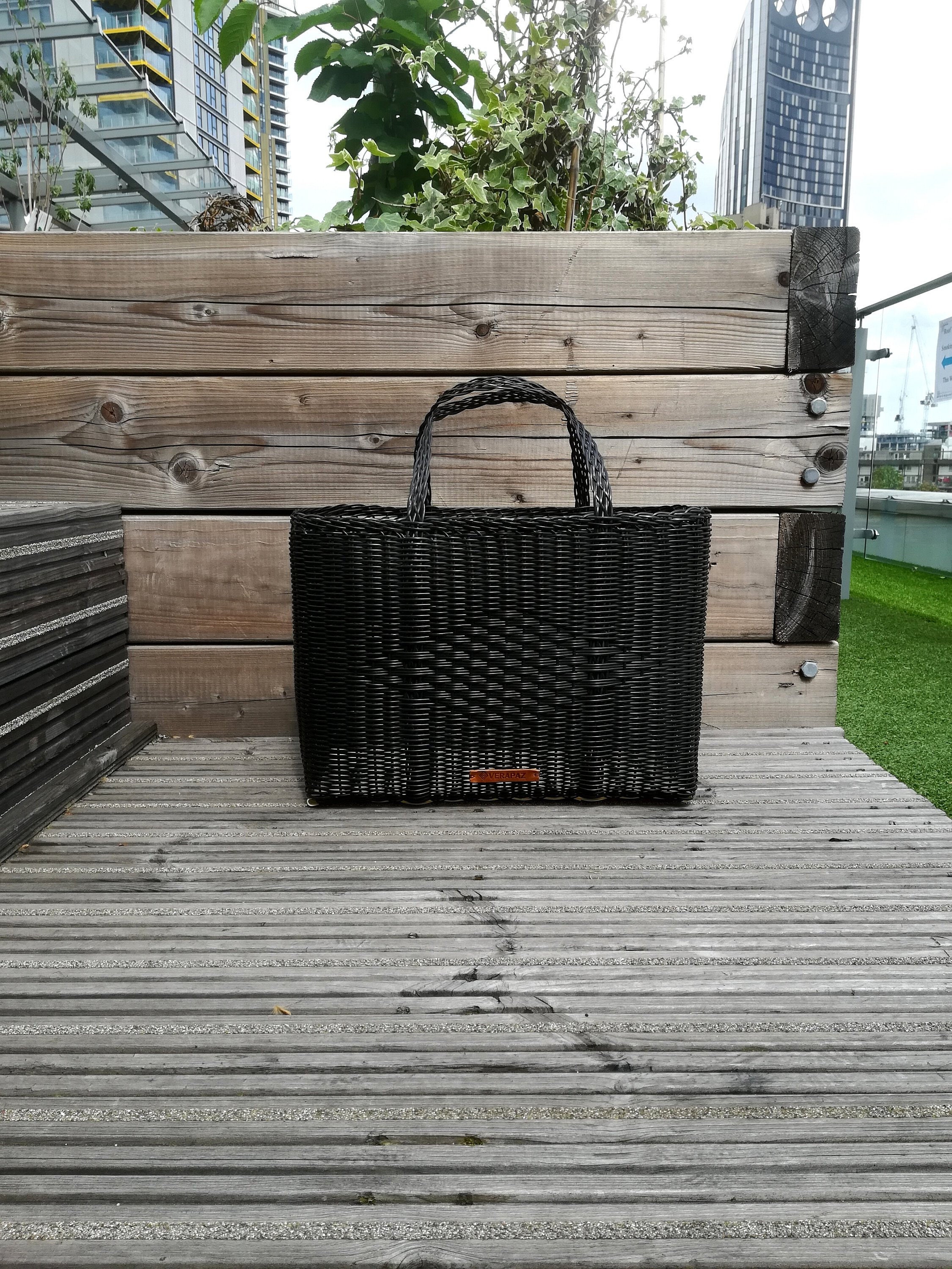 Large Black Tote Bag, Handwoven From Recycle Plastic, Strong