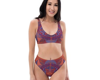 Latinx Inspired Textile (Plum and Orange) Recycled high-waisted bikini