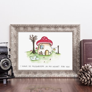 Mushroom Cottage Watercolor Print- Cottagecore gift, Frogs, Cozy living, room decor, wall art, illustration, funny pun, friendship gift idea