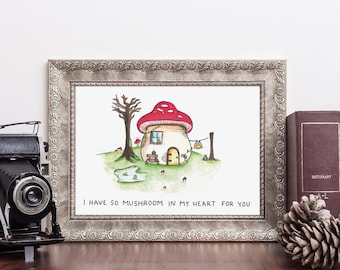 Mushroom Cottage Watercolor Print: Cottagecore Frog Art