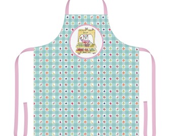 Mimi's Fruit Shop Gingham Print Apron- Fruity Picnic Style, Hand Painted, Adorable Design, Strawberry Pig, Nostalgic Retro Aesthetic, Gift