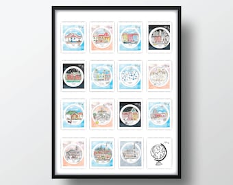 Impression d'art de timbres aquarelle Architecture mondiale : voyage dans le monde