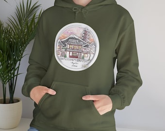 Kyoto Japan Hoodie- Nostalgic Japanese House Illustration, Mt Fuji Cherry Blossom Watercolor Design, Japan Trip Sweatshirt, Dango, Taiyaki