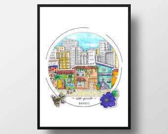 Sao Paulo Brazil Art Print: Hand Painted Watercolor Illustration, Brazilian Architecture