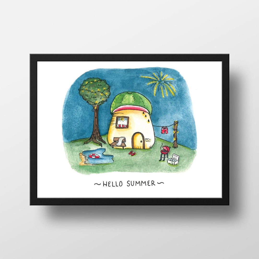 Hello Summer Watercolor Print Watermelon, BBQ, Backyard Party Idea ...