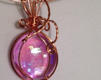 Copper Wire Wrapped Pink Glass Pendant