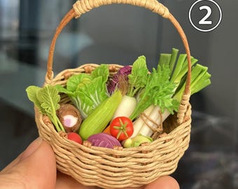 1:12 Scale Miniature Fruit & Vegetable Basket, Handmade Polymer Clay Dollhouse Food