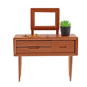 1:12 Dollhouse Dressing Table with Mirror - Miniature Bedroom Vanity Furniture Bedroom Decor Wooden Dresser Modern