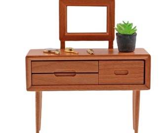 1:12 Scale Dollhouse Dressing Table – Miniature Wooden Vanity with Mirror