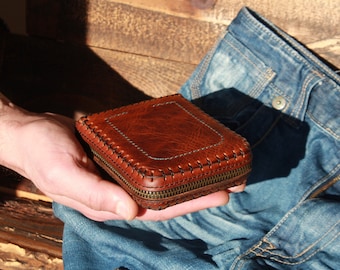 Cartera de cuero para hombre, cartera con cremallera, cartera delgada personalizada, cartera de cuero con cremallera, cartera para tarjetas de crédito, tarjetero, regalo para él