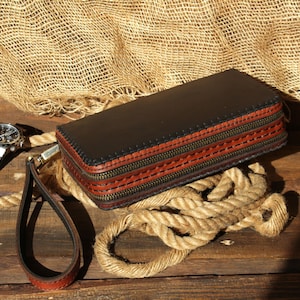 Cartera de mano, Cartera de cuero, Bolso de mano para mujer, Cartera con doble cremallera. Cartera tipo clutch, Cartera