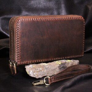 Billetera de pulsera, Clutch de cuero, Embrague de muñeca de cuero, Bolso de cremallera, Bolso de viaje de cuero, Caja de cuero
