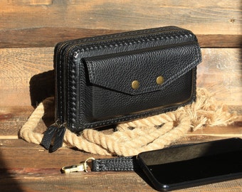 Double zipper leather long wallet,leather clutch, Clutch with smartphone pocket,Leather wallet women's,Double zip wallet, Purse Phone pocket