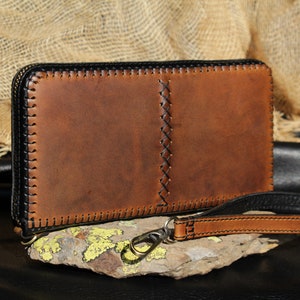 Cartera de cuero con cremallera, Cartera con cremallera, Organizador de chequeras, Cartera de mano, Cartera larga de cuero genuino con cremallera,
