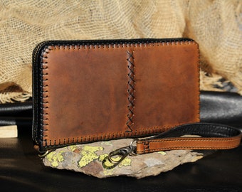 Leather zip wallet, Zip around wallet, Organizer checkbook,Clutch Wallet,Genuine Leather Long Wallet Zipper,